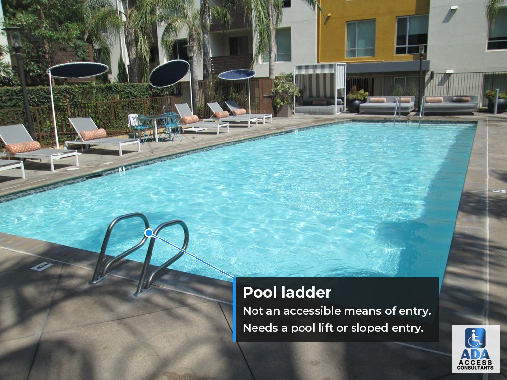 Pool ladder annotated as not an accessible means of entry under ADA pool requirements