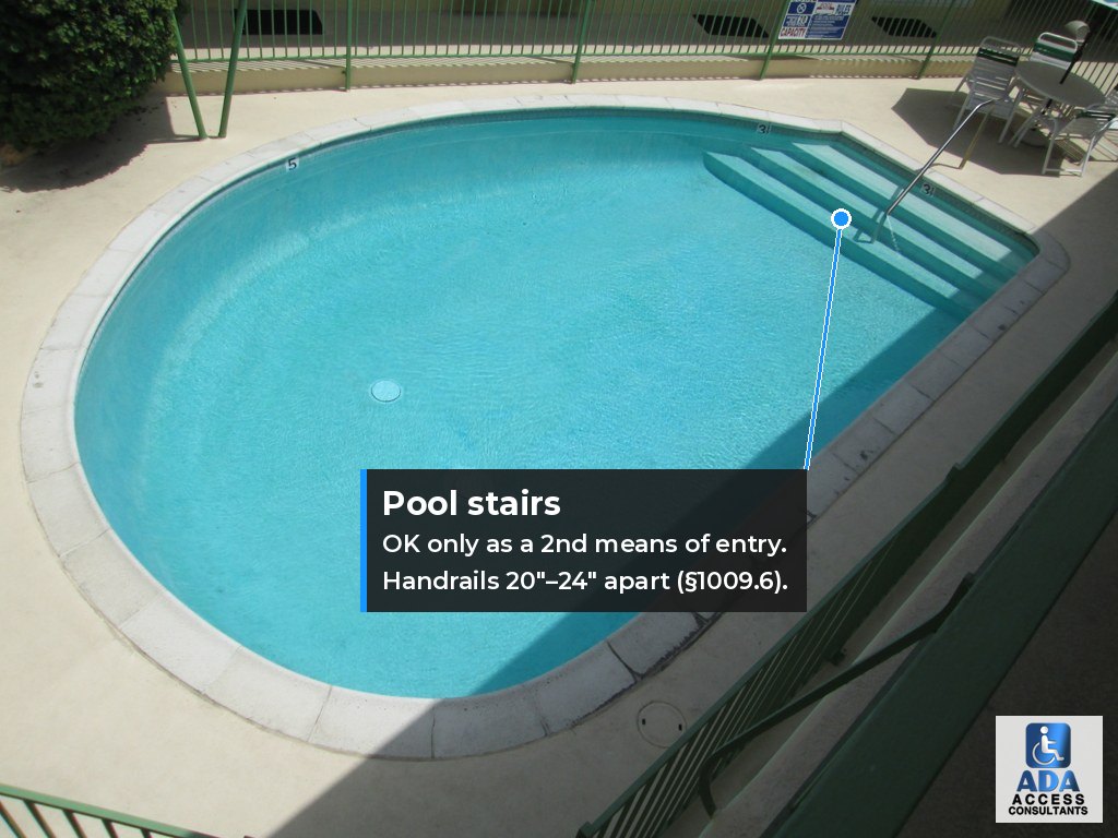 Pool stairs annotated with ADA handrail spacing of 20 to 24 inches