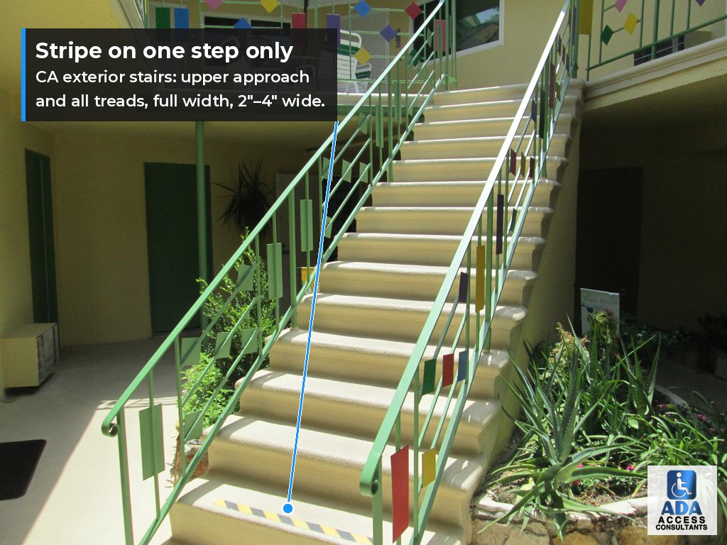 Exterior apartment stair with a partial stripe on the bottom tread only, not meeting California contrasting stripe requirements