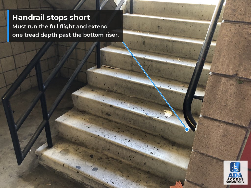 Concrete stair with a handrail that ends three steps above the bottom, missing the required ADA bottom extension