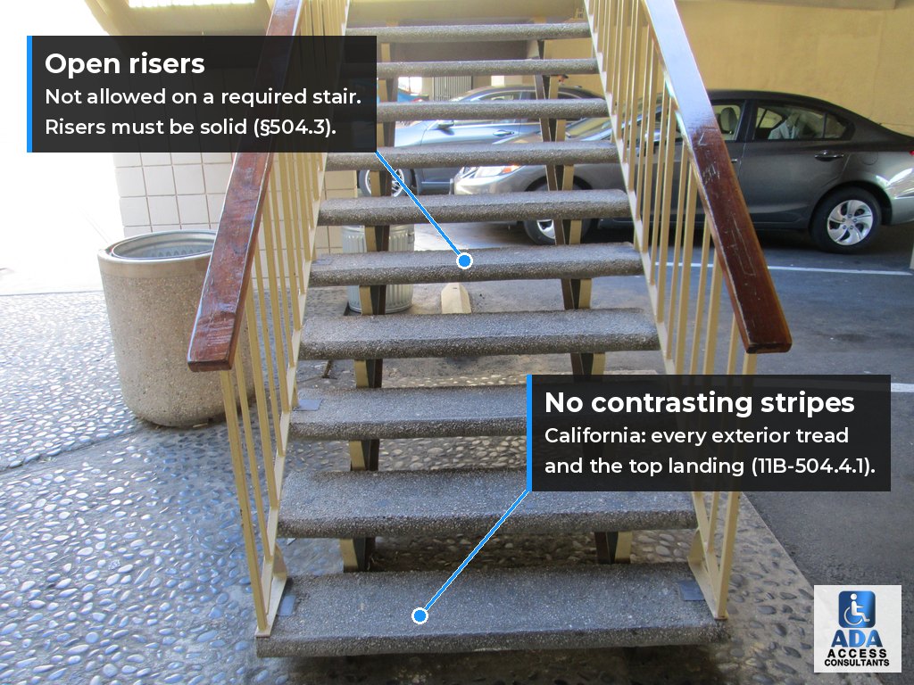 Exterior stair with open risers and no contrasting stripes, a common ADA stair violation